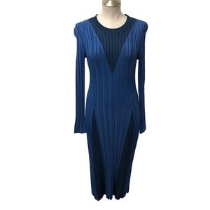 Partow Ribbed Knit Dress Womens Medium Blue Long Sleeve Midi Made in Italy